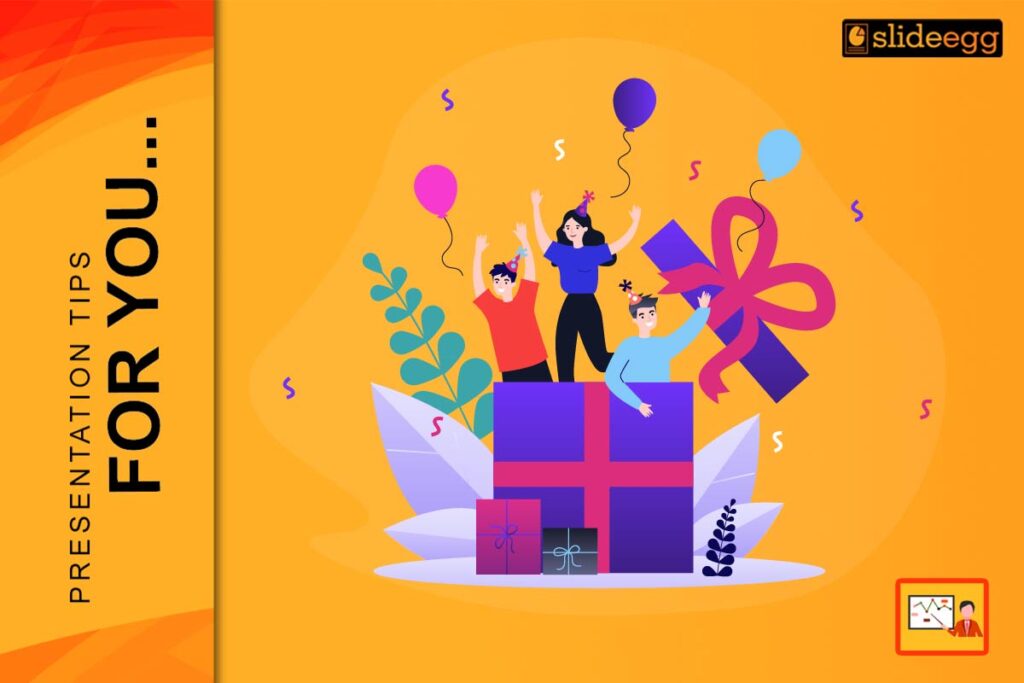 People celebrating with balloons and gifts, showcasing creative PowerPoint presentation ideas for events.