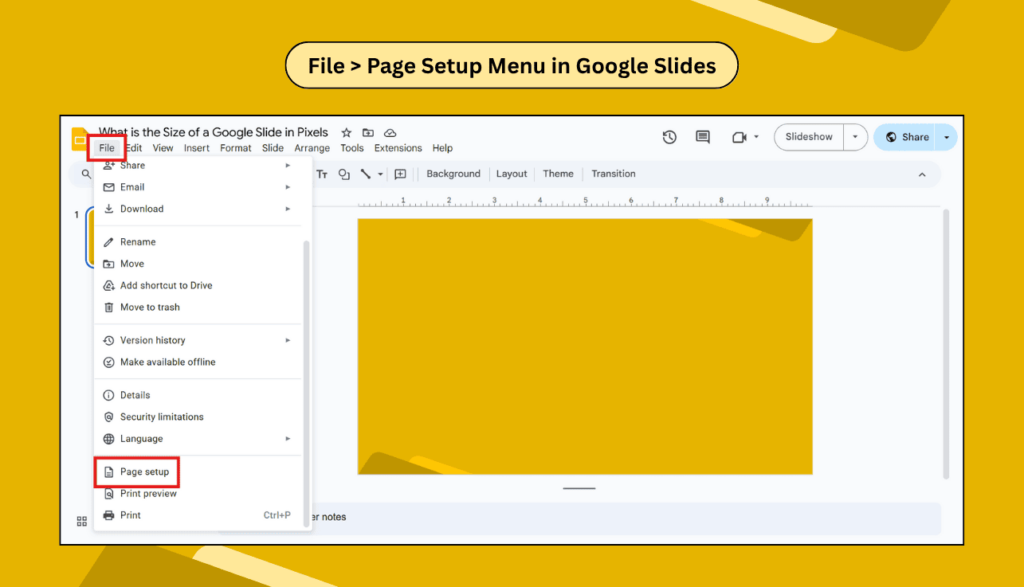 Google Slides screenshot showing how to access Page Setup from the File menu for slide resizing.