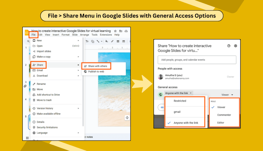 File > Share Menu in Google Slides with General Access Options