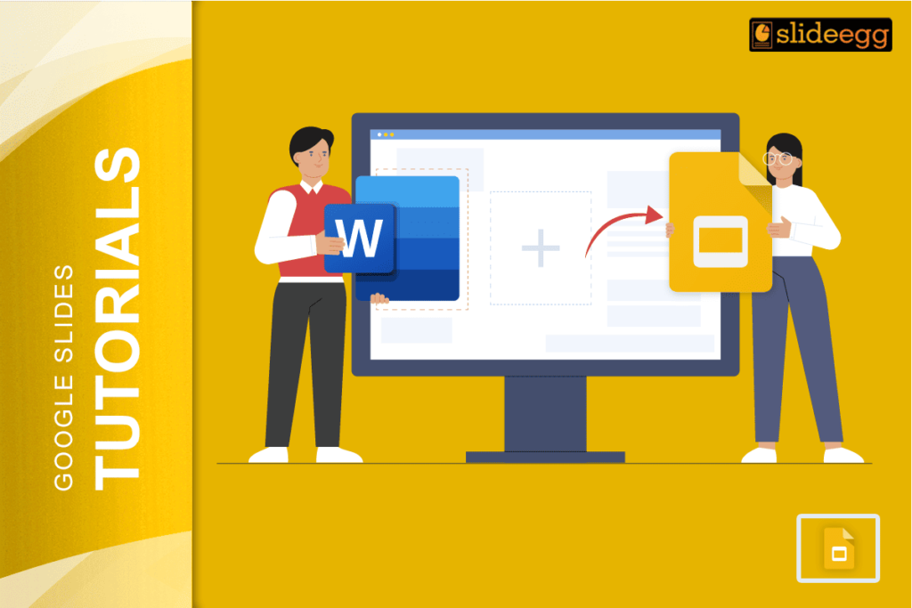 Illustration of adding a Word document to Google Slides using a computer, shown in a tutorial graphic.