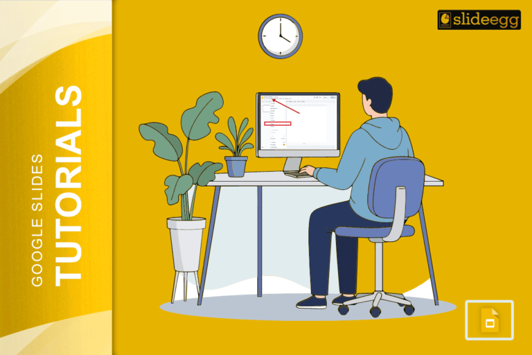 Man working on Google Slides tutorial at desk with plants, clock, and yellow background screen.