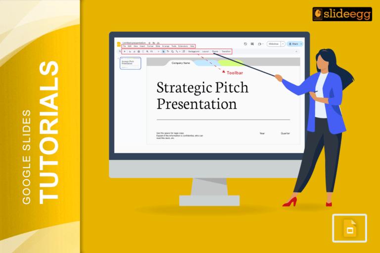 Illustration showing how to restore the missing toolbar in Google Slides using the top menu options.