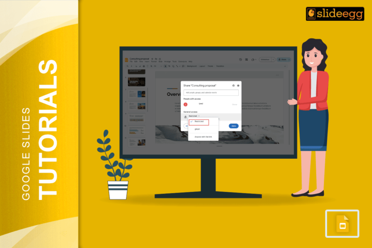 Woman showing how to set Google Slides to “View Only” using the share and access settings menu.