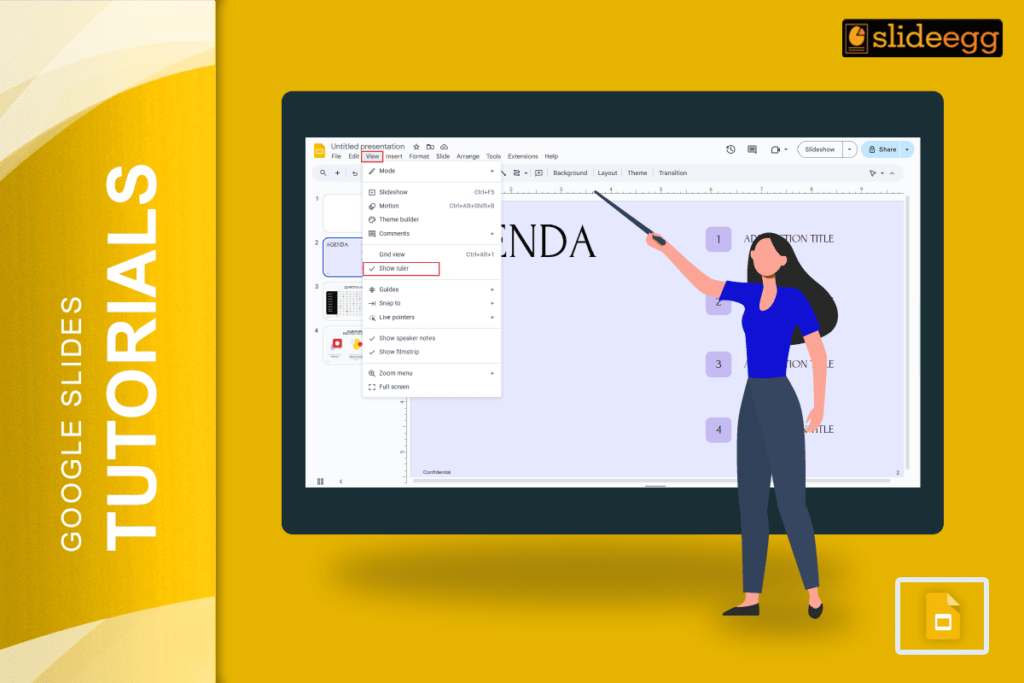 Image showing how to enable the ruler in Google Slides from the View menu, with a woman pointing at the screen.