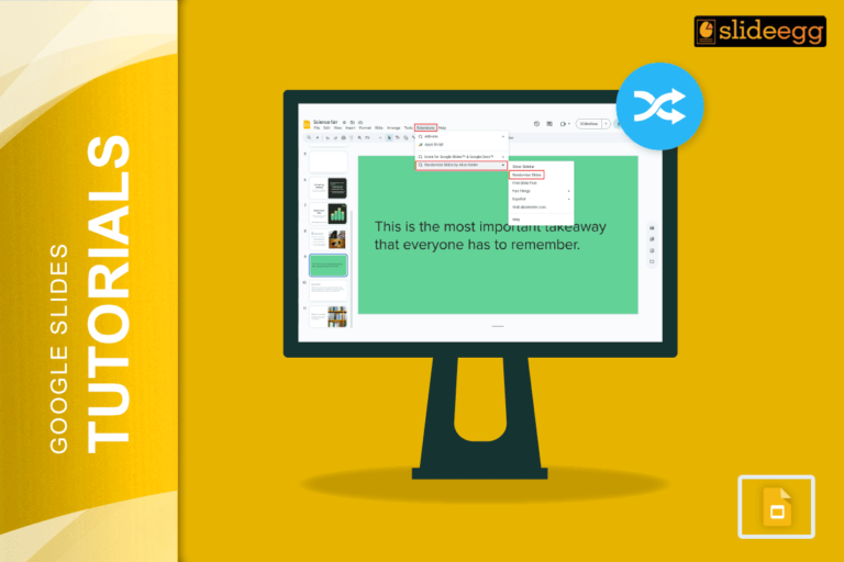 Monitor showing Google Slides shuffle feature using add-ons menu with SlideEgg tutorial branding.