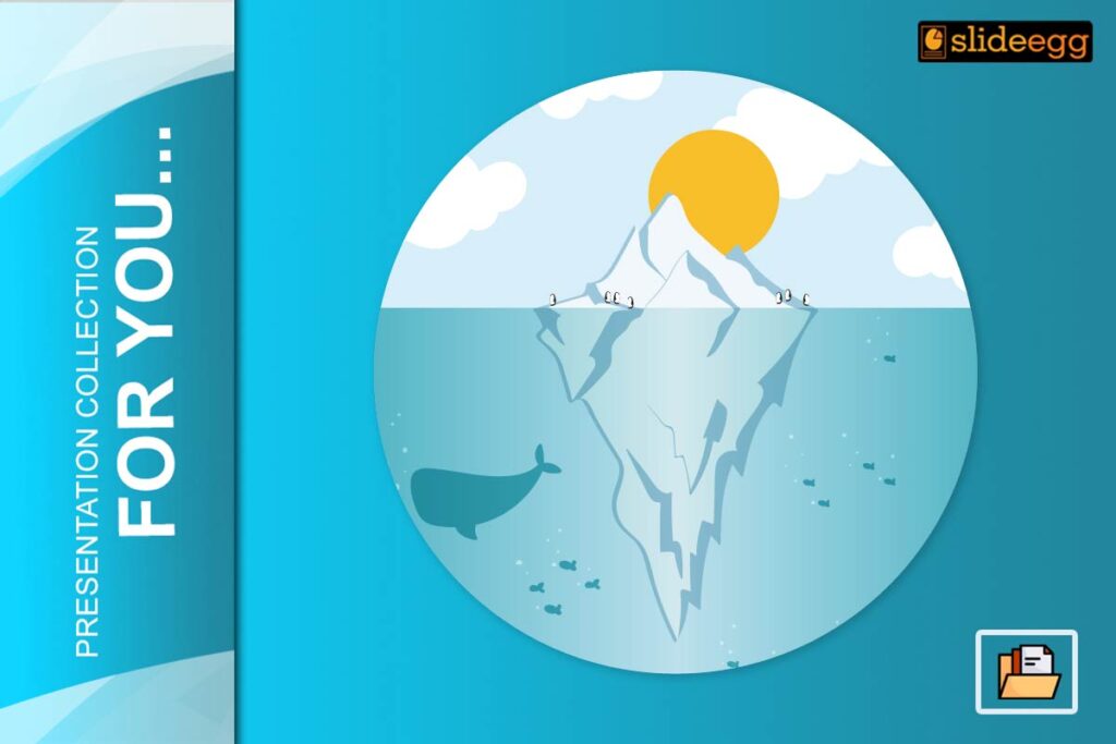 Iceberg infographic with penguins, whale, and ocean layers used to show depth in business or problem-solving presentations.