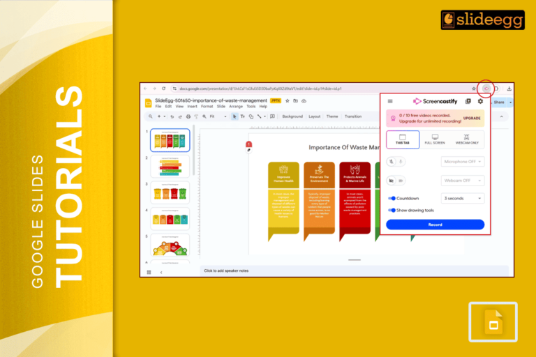 Screen showing Screencastify setup on Google Slides for recording a waste management tutorial.