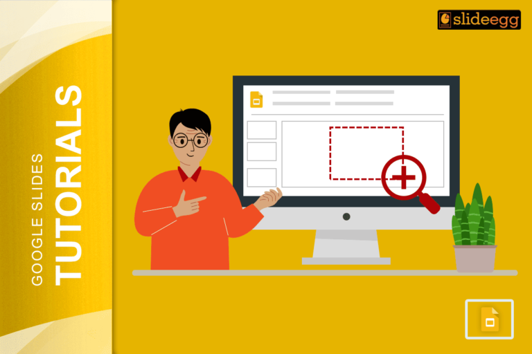 Illustration of a person teaching how to zoom in Google Slides on a computer screen with a magnifier.