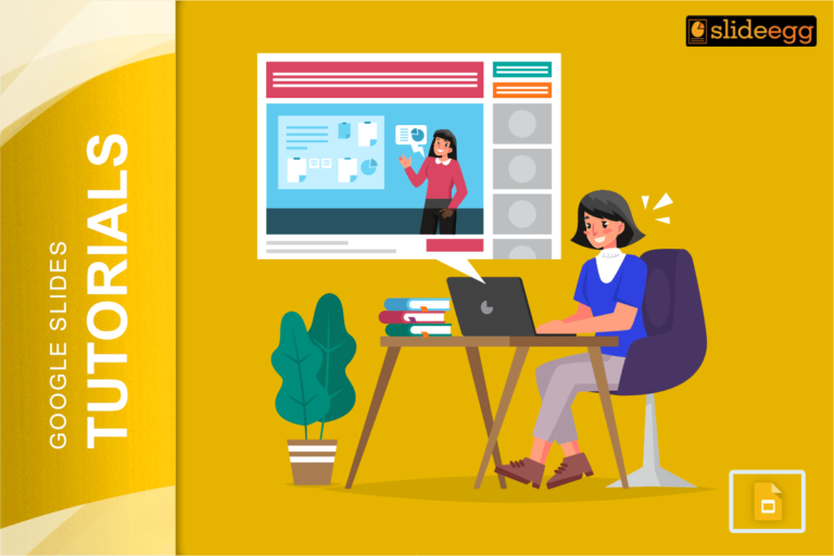 A woman learning from a Google Slides tutorial on her laptop, with books and a plant beside her desk.