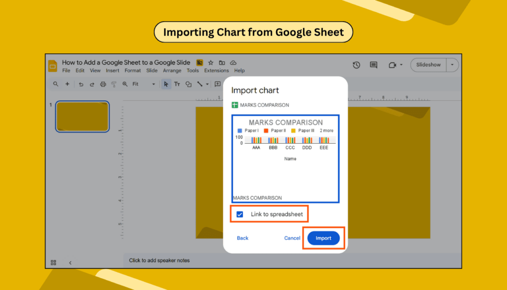 Import chart dialog in Google Slides showing a preview of the chart with link to spreadsheet option checked.