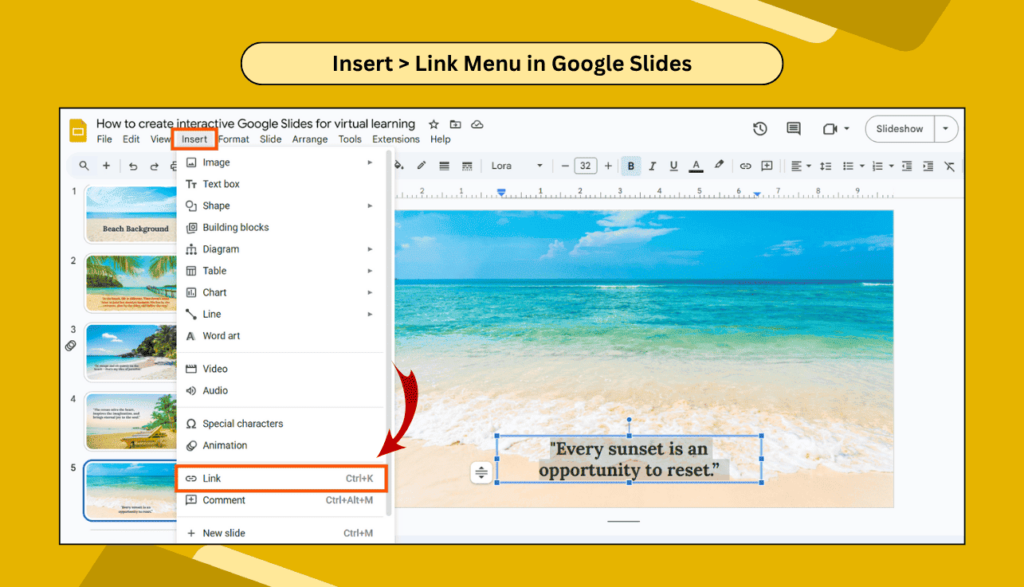 Insert > Link Menu in Google Slides