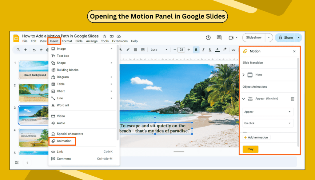 google slides motion panel interface showing animation controls and transition options