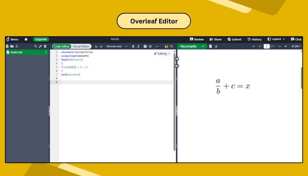 Overleaf LaTeX editor showing code and rendered output of a math equation using \frac and variables.