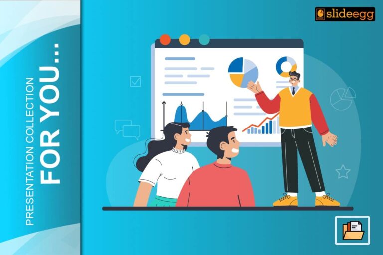 Illustration of a man presenting graphs and charts to a smiling group during a business meeting or training session.