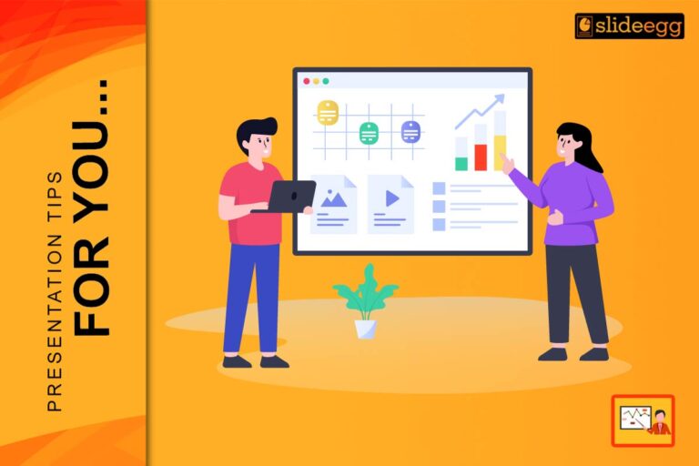 Man and woman presenting data visuals on a screen with charts, documents, and media icons on an orange background.