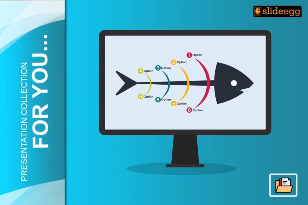 Fishbone diagram on a computer screen showing 8 colorful options for root cause analysis in a PowerPoint presentation.