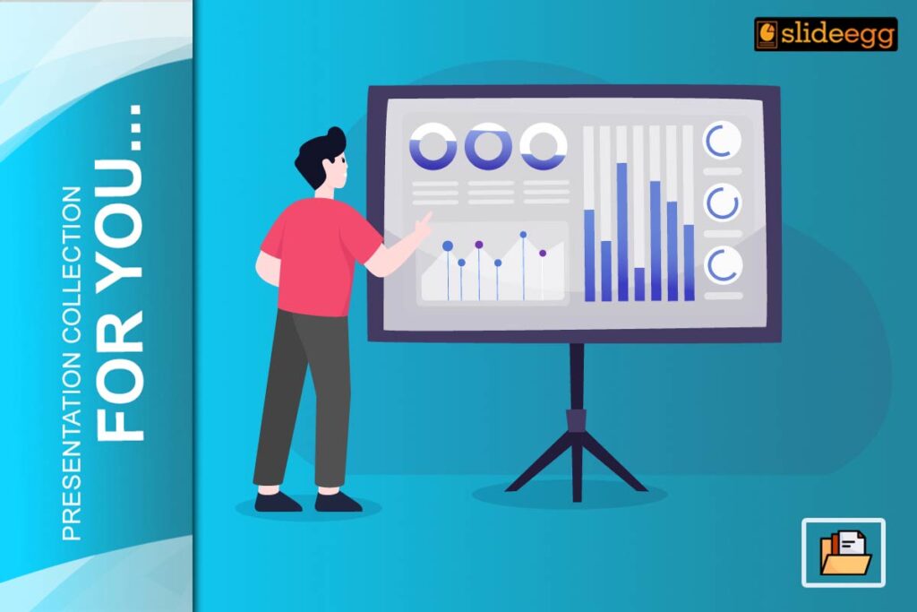 Illustration of a man analyzing data on a large screen displaying bar charts, pie charts, and a line graph.