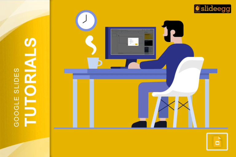 Illustration of a person working on Google Slides at a desk with a coffee cup and clock nearby.