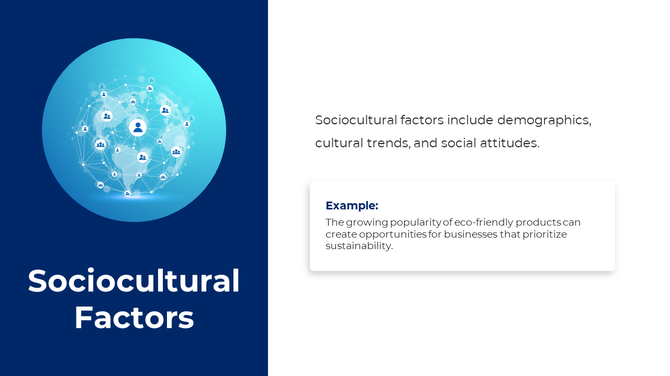 Sociocultural Factors slide with network icon, highlighting trends, attitudes, and business sustainability examples.