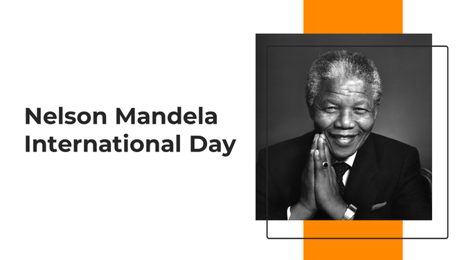 Black and white photo of Nelson Mandela smiling with folded hands, honoring Nelson Mandela International Day