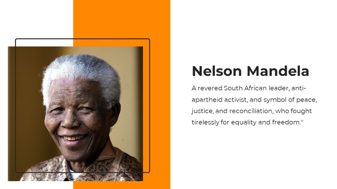 Portrait of Nelson Mandela with tribute text highlighting his fight for peace, justice, and equality in South Africa