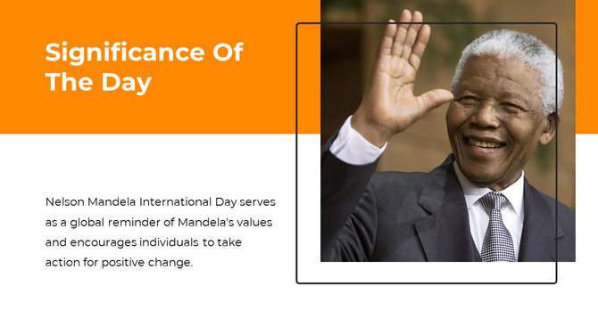 Nelson Mandela smiling and waving, with text highlighting the global significance of Mandela International Day