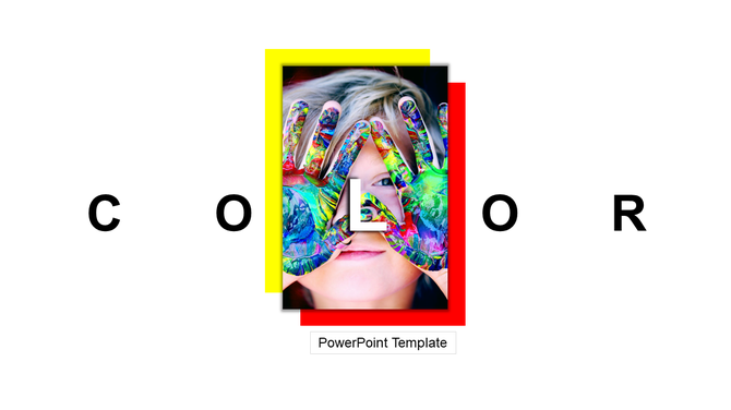 Colorful hands covering a face with the word "COLOR" spelled around them, used as a creative PowerPoint template design