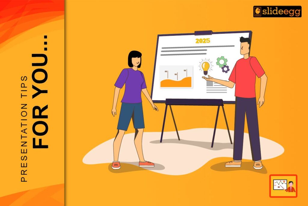 Two cartoon people discussing presentation tips for 2025 in front of a chart board on an orange background.