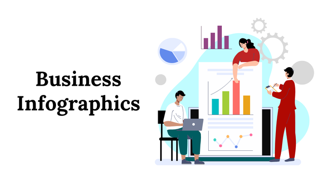 Illustration of team creating colorful business infographics with bar charts, pie graphs, and gears in the background.