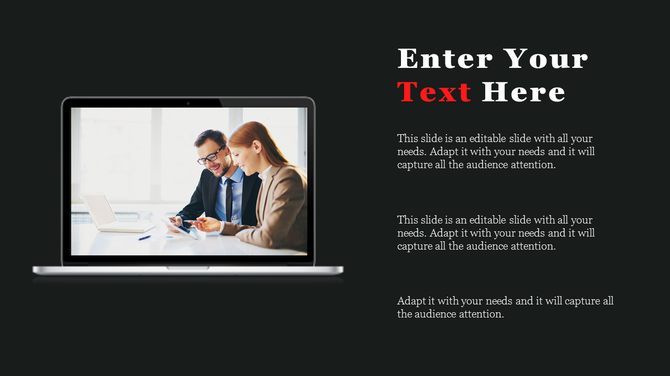 Free mockup slide showing business professionals on a laptop screen with editable text section on black background