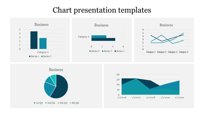 Slide showing various business chart templates including bar, pie, line, and area graphs for presentations.