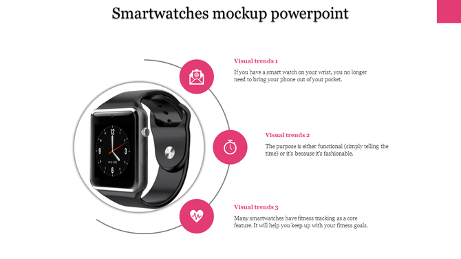 Smartwatch mockup PowerPoint slide showing visual trends with functional, fashionable, and fitness features