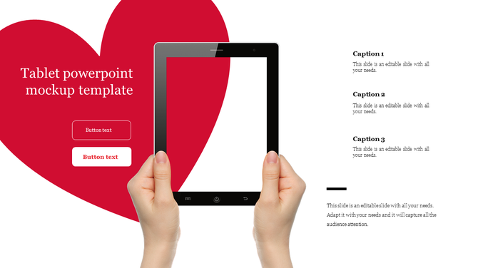 Tablet PowerPoint mockup template with hands holding a tablet, heart shape background, and editable text captions