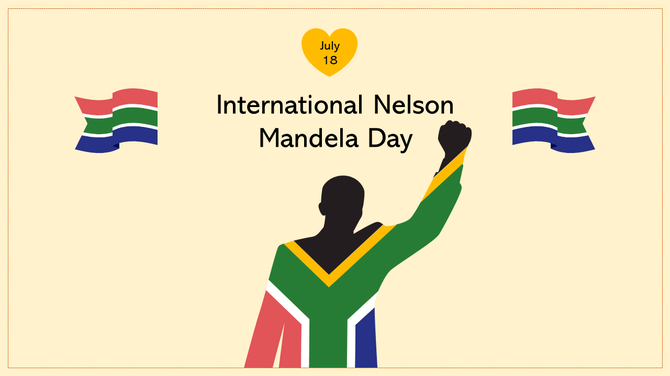 Illustration of Nelson Mandela Day with raised fist, South African flag design, and July 18 heart icon for celebration.