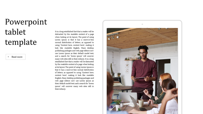 PowerPoint tablet template showing team meeting presentation on a digital tablet with text section on the left