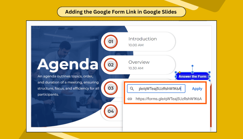 Screenshot showing how to add a Google Form link to a text box in Google Slides using the hyperlink option.