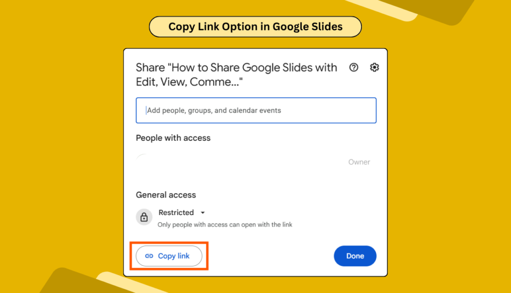 Google Slides sharing menu showing the “Copy link” option to share presentations with specific access.