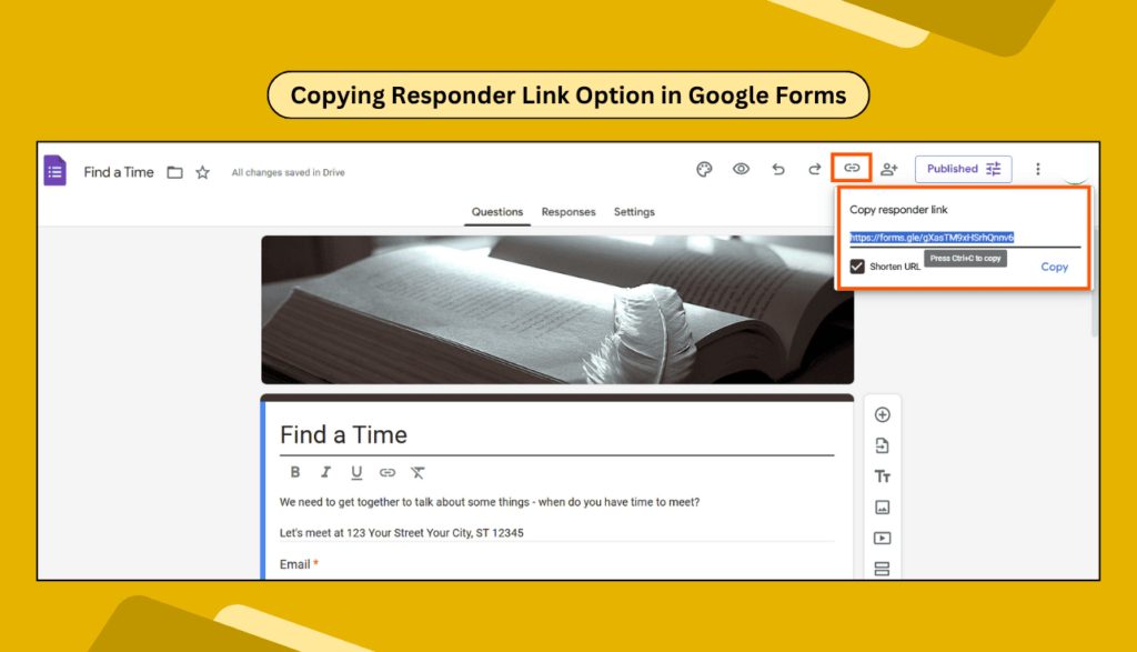 Screenshot showing how to copy the responder link from Google Forms using the share link option for embedding.