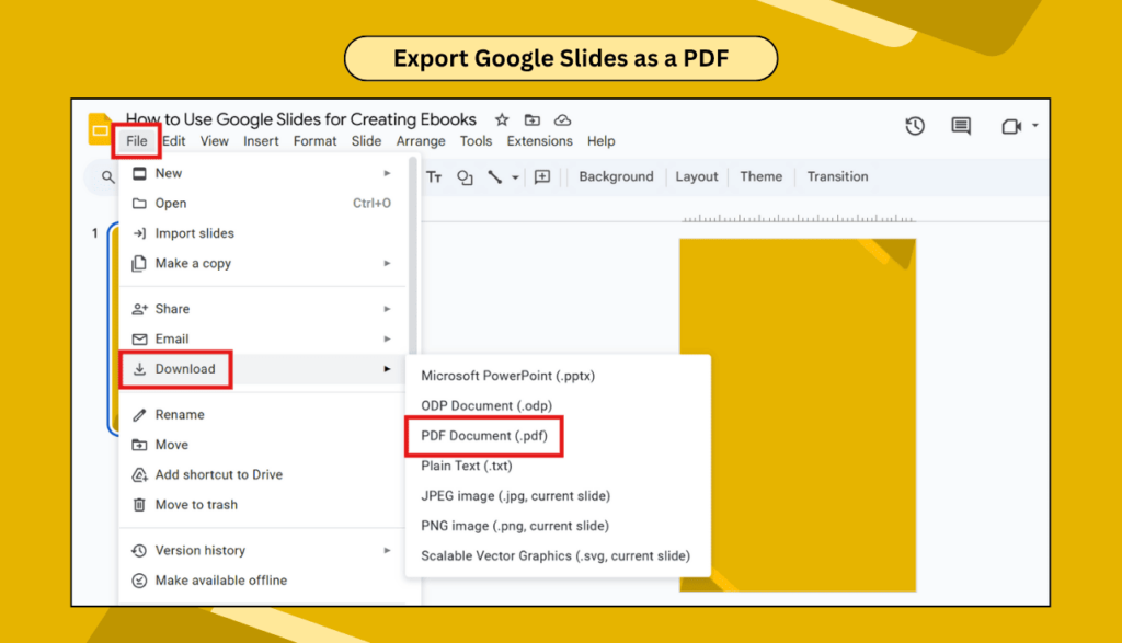 Google Slides screenshot showing how to export a presentation as a PDF from the File > Download menu.