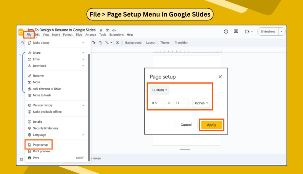 Screenshot showing how to open the Page Setup menu in Google Slides and set custom slide dimensions.
