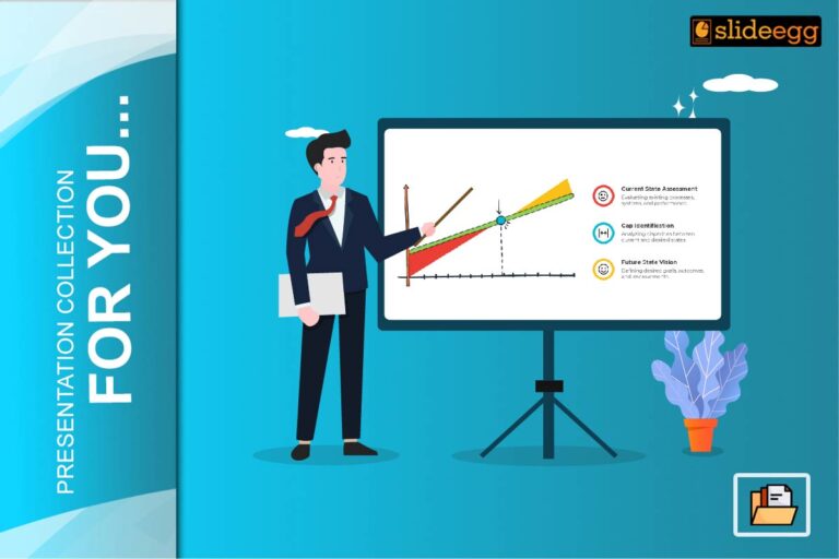 Man presenting a gap analysis chart with growth paths and key points on a blue background with SlideEgg branding.