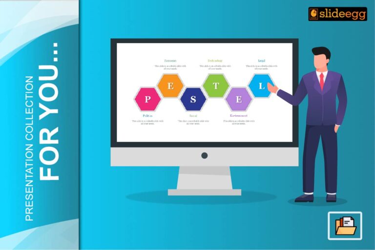 Illustration of a man in suit presenting a colorful PESTEL slide on a monitor, with icons and SlideEgg branding.
