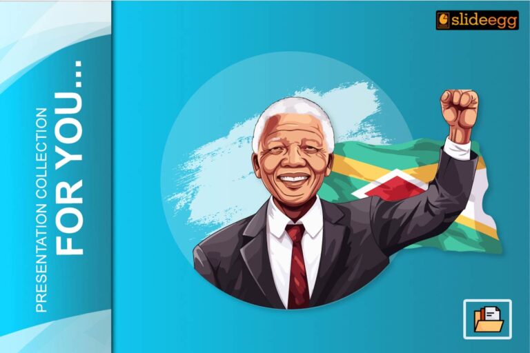 Nelson Mandela illustration with raised fist and South African flag, ideal for tribute slide on Mandela International Day