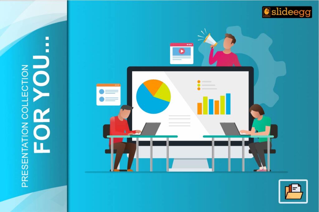 Team working on laptops with data charts and mockup slides for business and marketing presentation visuals