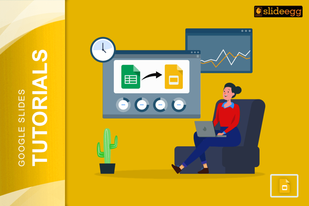 Illustration of a woman learning Google Slides tutorials on linking real-time Google Sheets data.