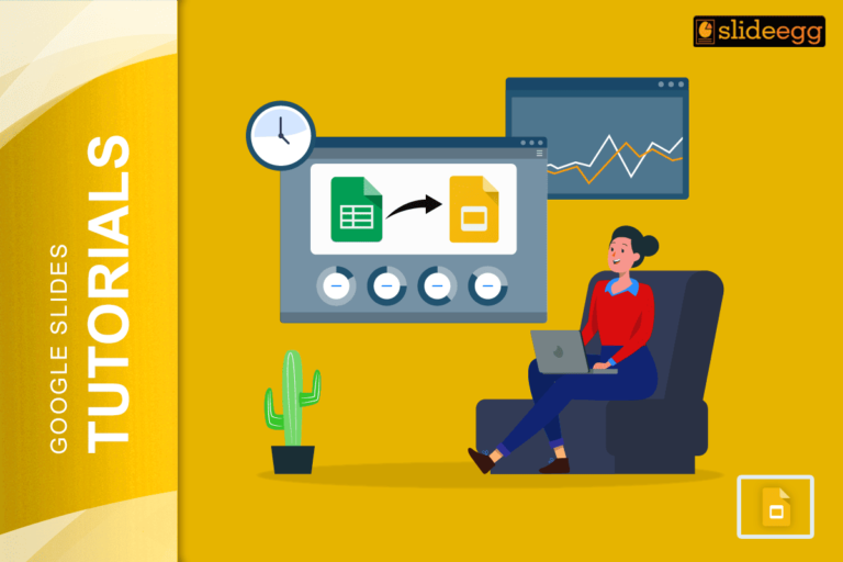 Illustration of a woman learning Google Slides tutorials on linking real-time Google Sheets data.