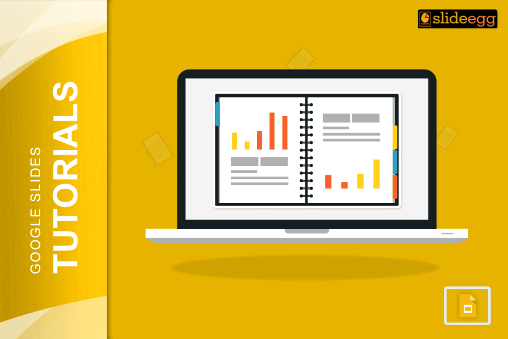 Illustration of a digital notebook with charts inside a laptop, used for Google Slides tutorials.