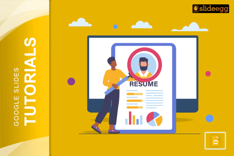 Illustration of a person designing a resume on Google Slides with charts, icons, and profile photo.