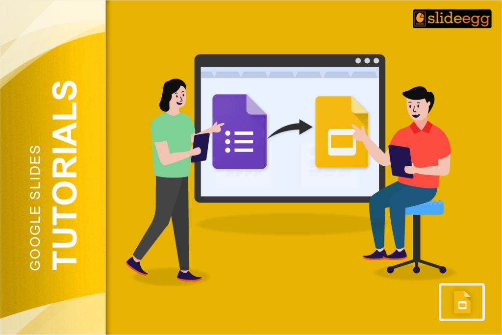 Illustration showing how to embed Google Forms into Google Slides with characters holding tablets and icons.
