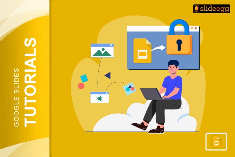 Illustration of a person using a laptop with locked Google Slides elements to prevent editing.